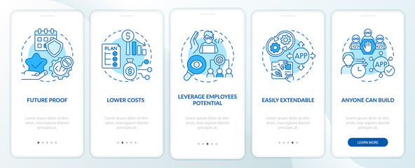 Benefits of no code blue onboarding mobile app screen. Web 3 0 walkthrough 5 steps graphic instructions pages with linear concepts. UI, UX, GUI template. Myriad Pro-Bold, Regular fonts used