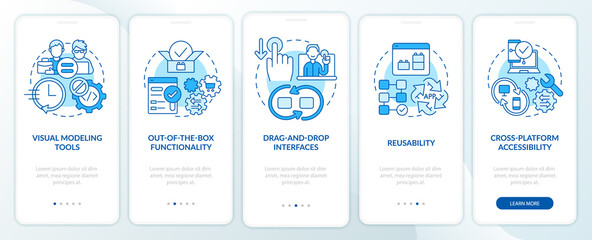 Low code platforms features blue onboarding mobile app screen. Web 3 0 walkthrough 5 steps graphic instructions pages with linear concepts. UI, UX, GUI template. Myriad Pro-Bold, Regular fonts used