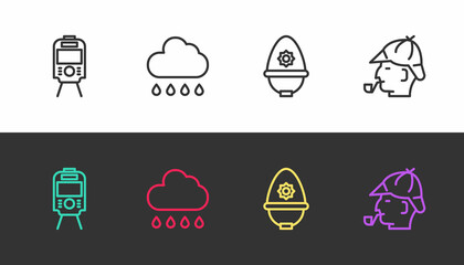 Sticker - Set line Tram and railway, Cloud with rain, British police helmet and Sherlock Holmes on black and white. Vector