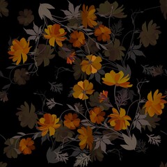 Beautiful variegated ornament with bouquets of orange cosmos flowers on a black background. Seamless print for fabric in vector.