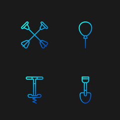 Sticker - Set line Shovel toy, Pogo stick jumping, Arrow with sucker tip and Balloons ribbon. Gradient color icons. Vector