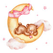 Teddy bear sleeps on moon with pink bow; watercolor hand drawn illustration; with white isolated background