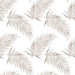  Exotic tropical palm leaves seamless summer watercolor pattern. Pastel colores