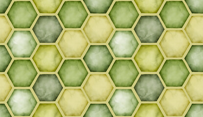 Wall Mural - Watercolor geometrical honeycomb seamless pattern. Wallpaper in shades of green
