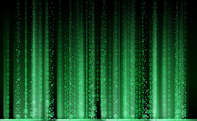 Technology Binary abstract background, matrix style, green color, falling numbers. Digital binary data flow dust on screen. Programming concept, secure data, hacking, piracy, technology, internet
