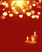 Christmas Candles On Red Background With Hearts 