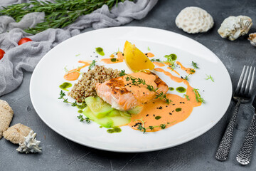 Sticker - Salmon steak on the grill on white plate on grey table