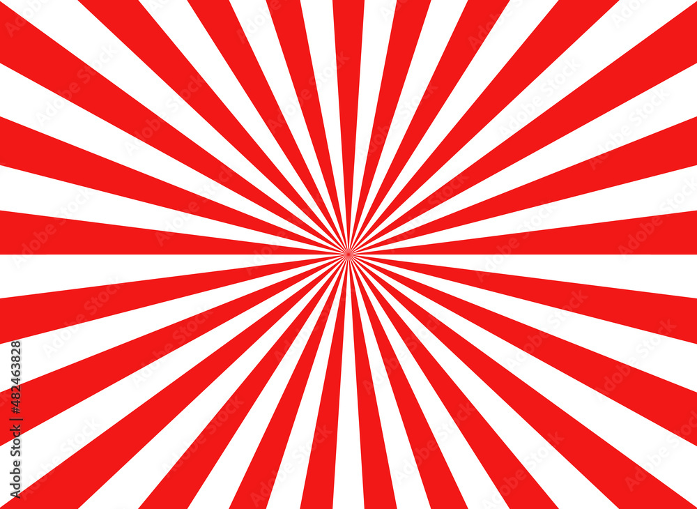 Japan flag. Sun japanese pattern. Red-white sunrise background. Asian kamikaze texture. Tokyo sunlight. National japanese background. Sunburst pattern. Vector