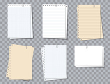 Memo Pad Paper. Different Notebook Sheets With Clip. Notepaper With Lines And Grid. Piece Of Paper Of Notepad For Note, Notice And Text. Realistic Sheets Isolated On Transparent Background. Vector
