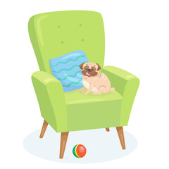 Poster - Funny pug dog sits in an armchair. In cartoon style. Isolated on white background. Vector flat illustration.