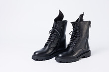 Black Women's Leather Lace-up Boots From The New Collection On A White Background From Leather Autumn-winter 2022. Boots Close-up