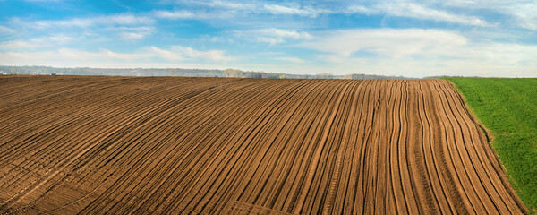 Fotomurales - rows of plowed field in spring under a beautiful sky clouds