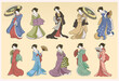 Set of colored japanese geisha with traditional clothes Vector