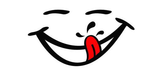 Wall Mural - Cartoon yummy smile with tongue and lick. Food  logo. Funny vector laugh comic sign or icon. Delicious, tasty eating  and licking lips icon