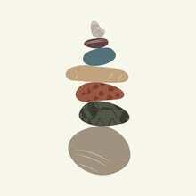 Wellness Balance Pebble Stone Harmony Vector Illustration. Simplicity Calm And Zen Of Cairn Rock Shape. Simple Poise Tower. Circle Color Stones With Gold Grunge Texture. Poster, Card, Print Design