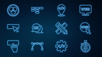 Set line Time is money, Web and graphic design, Front end development, UI or UX, RGB CMYK color mixing, Crossed ruler pencil and Site map icon. Vector