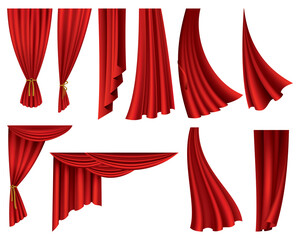 Collection of realistic red curtains. Theater fabric silk decoration for movie cinema or opera hall. Curtains and draperies interior decoration object. Isolated on white for theater stage