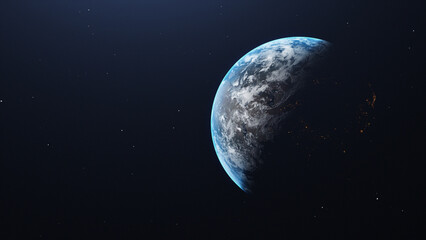 Poster - Planet Earth 3d render, half night and half day with city lights