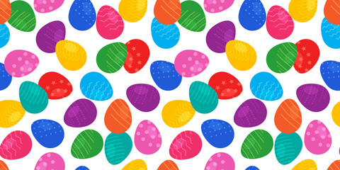 Wall Mural - Easter egg vector seamless pattern, cute spring colorful background, repeat bright collection eggs. Happy cartoon illustration