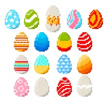 8 Bit Pixel Easter Eggs And Chicken. Pixel Art Game Isolated Eggs With Vector Yellow Chick Baby Bird, Broken Shells And Color Pattern Of Circles, Stars And Stripes, Easter Spring Holiday Egg Hunt Game