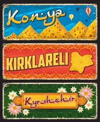 Konya, Kirklareli and Kyrshehir il, Turkey provinces plates or vintage banners. Vector aged travel destination signs. Retro grunge boards, worn signboards of touristic Turkish landmarks plaques set