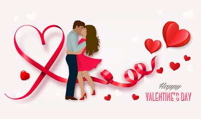 Fototapete - Happy Valentine's Day getting card  with couple in love and a red heart shape ribbon. Vector.