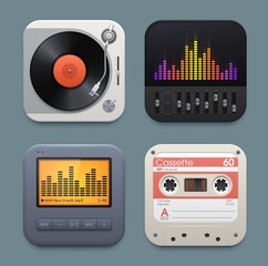 Aufkleber - Vinyl, cassette and sound music player equalizer icons. Application interface realistic vector square icons with vinyl discs turntable, tape cassette and mixing console with sliders, equalizer screen