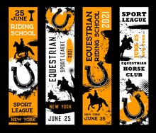 Equestrian Sport Banners. Horse Riding And Racing, Horseshoes And Polo Jockey. Horse Races Club Vector Flags For Equine Steeplechase Tournament Or Riding School And Hippodrome With Halftone