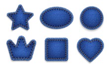 Blue Jeans Denim Texture Patches And Labels. Vector Crown, Circle And Heart Star, Cube. Realistic Sturdy Cotton Twill Fabric Of Denim Jeans Patches With Yellow Thread Stitches And Torn Fringes Edges