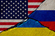 Leinwandbild Motiv cracked concrete wall with painted united states, russia and ukraine flags