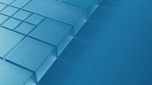 Translucent Blocks On A Blue Surface. Visionary Tech Design With Copy Space. 3D Render.
