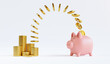 © Dilok - Golden coins stacking and flying to pink piggy save money on white background for deposit and financial saving growth concept by 3d render.