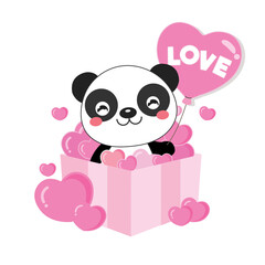 Wall Mural - Cute panda holding pink ballon and sit in the gift box.