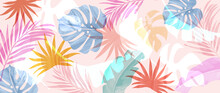 Tropical Foliage Art Background Vector.Digital Print Design With Palm, Floral And Leaves With Watercolor Brush Texture. Canvas Art For Wallpaper, Wall Arts, Prints, Fabric, Pattern And Packaging.
