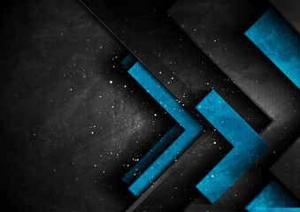 Blue and black tech arrows abstract geometric grunge background with dots. Vector design