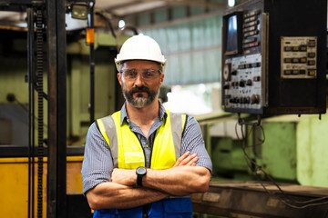 Portrait of an engineer at manufactorying. Caucasian middle aged engineer manager wearing uniform checking production quality control in a factory.