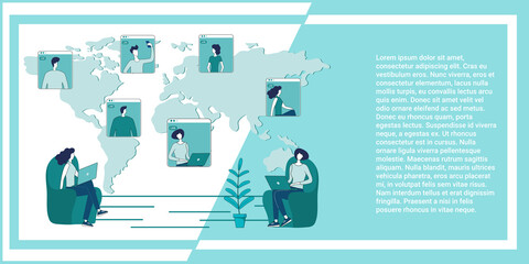 Business conference .People solve business issues and hold a meeting online using an Internet connection.An illustration in the style of a green landing page.