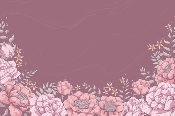 Wall Mural - Horizontal background with pink roses, peonies and grey leaves. Banners template with floral motif. Place for text. Hand drawn vector illustration of flower.