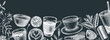 Hand-sketched tea drinks and ingredients banner on a chalkboard. Vector sketches of hot beverage cups, dried leaves, jasmine blossoms background. Popular tea design for cafe or restaurant menu.