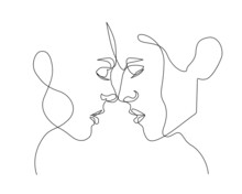 Abstract Man And Woman Faces Couple One Line Drawing. Couple Modern Illustration In Minimalist Style. Modern Continuous Line Art Drawing Of Lovers. Vector EPS 10