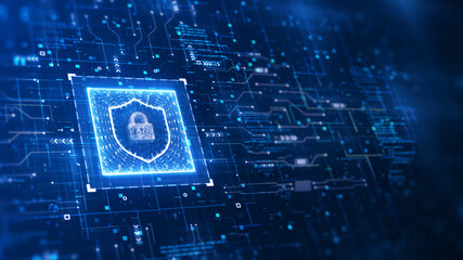 Leinwandbilder - Cybersecurity concept of data protection in digital technology. There is a padlock in a prominent shield on the left, an abstract circuit surrounding the binary and fractal code. perspective design.