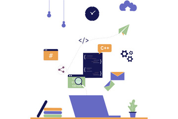 Landing page of software development coding process concept. Designer, programming, testing cross platform code, app. Create, editing script website and mobile devices. Technology software of business