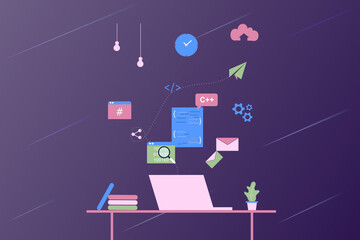 Landing page of software development coding process concept. Designer, programming, testing cross platform code, app. Create, editing script website and mobile devices. Technology software of business