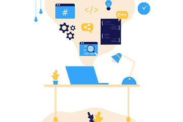 Landing page of software development coding process concept. Designer, programming, testing cross platform code, app. Create, editing script website and mobile devices. Technology software of business