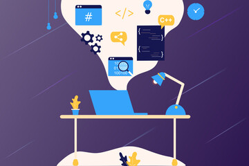 Landing page of software development coding process concept. Designer, programming, testing cross platform code, app. Create, editing script website and mobile devices. Technology software of business