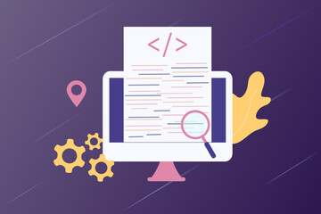 Landing page of software development coding process concept. Designer, programming, testing cross platform code, app. Create, editing script website and mobile devices. Technology software of business