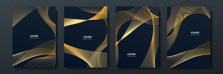 Elegant luxury black and gold cover design background with abstract lines. Modern black stripe cover design set. Luxury creative gold dynamic diagonal line pattern for business, invitation, wedding