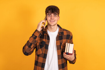 Sticker - student with mobile phone isolated on yellow background