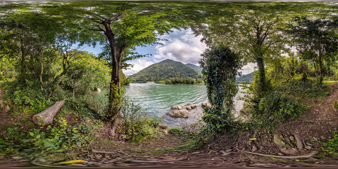 Wall Mural - full seamless spherical hdr panorama 360 degrees angle view among the bushes of forest near river or lake high in mountains in equirectangular projection, ready VR AR virtual reality content