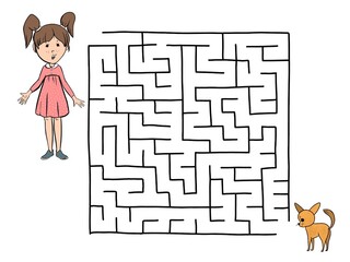 Educational game for children, the girl needs to go through the maze to find a puppy, color illustration